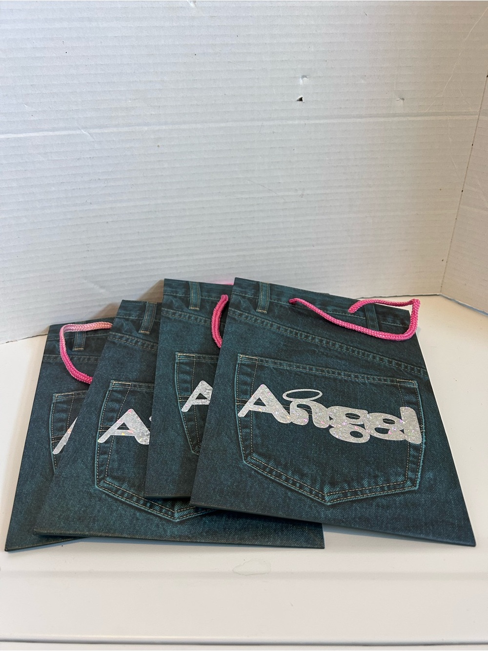 4 Angel Glitter Logo Denim-Print Gift Bag with Pink Rope Handles LOT 4